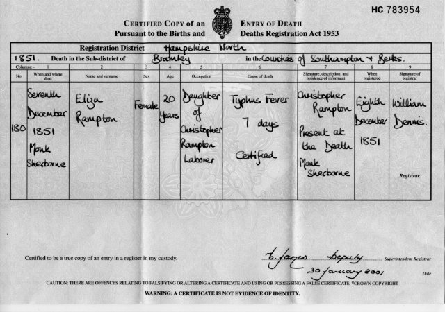 Sarah Eliza's Death Certificate